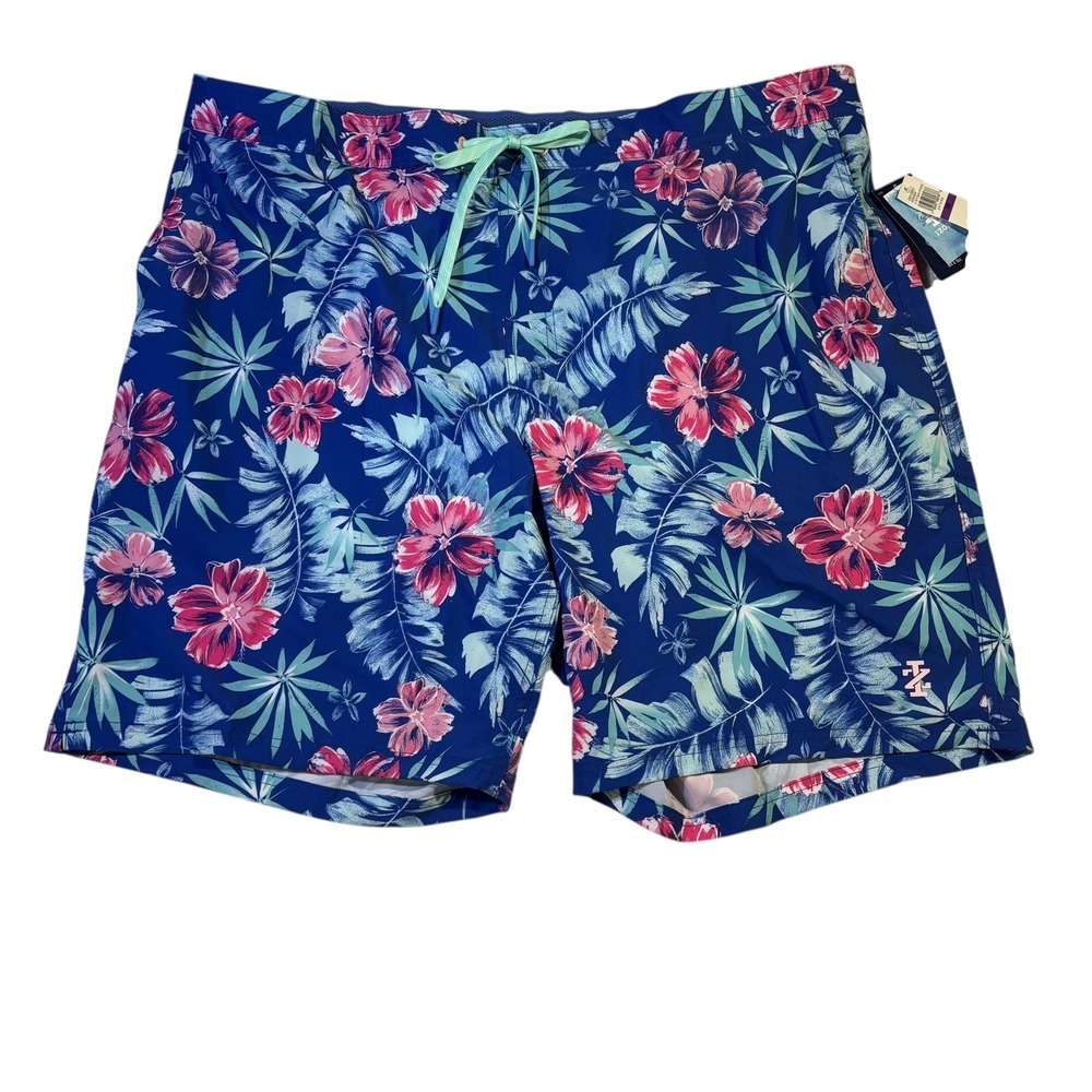 IZOD Saltwater Swim Trunks Men's 2XB Blue Floral Tropical‎ Board Shorts NEW